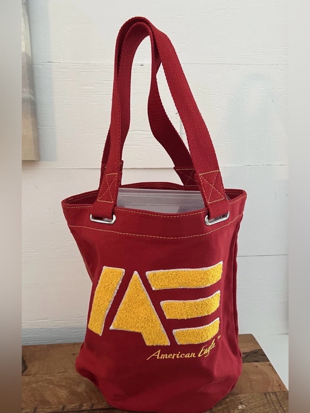 American Eagle Outfitters Red Canvas Tote with Yellow Logo Appliqué